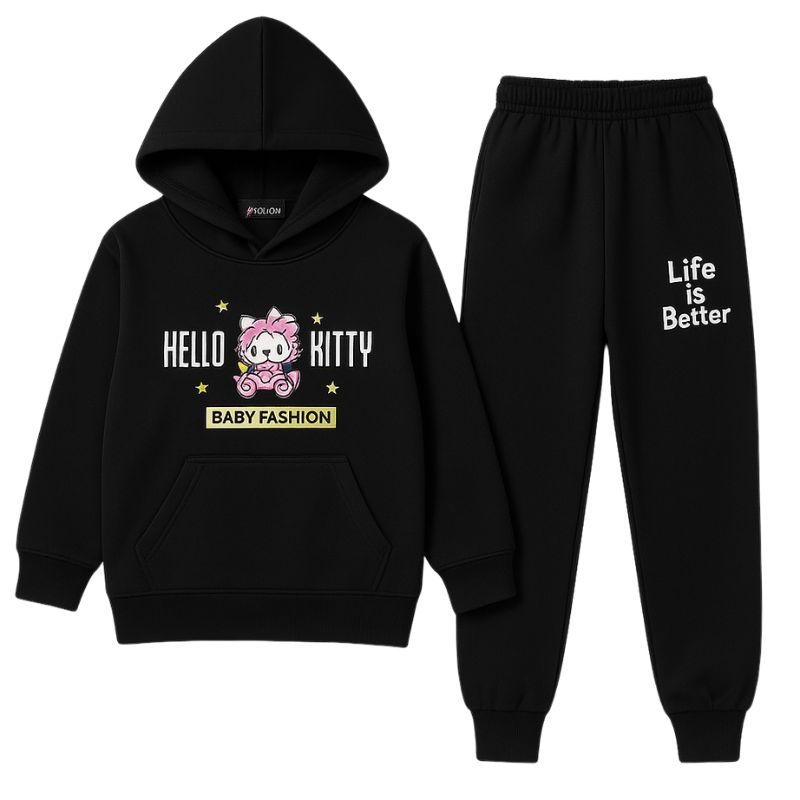 Hello Kitty Hoodie & Trousers Set for Baby Girl- Black Outfit | 5-12 Years 1 Hello Kitty Black Hoodie & Trousers Set Tracksuit