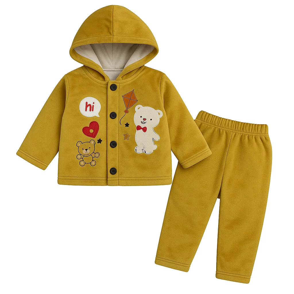 Bear Adorable Beige Baby Hoodie and Pant Set - Yellow - Soft & Cozy Kidswear 1 Hi Bear Mustard Hoodie & Trousers Tracksuit