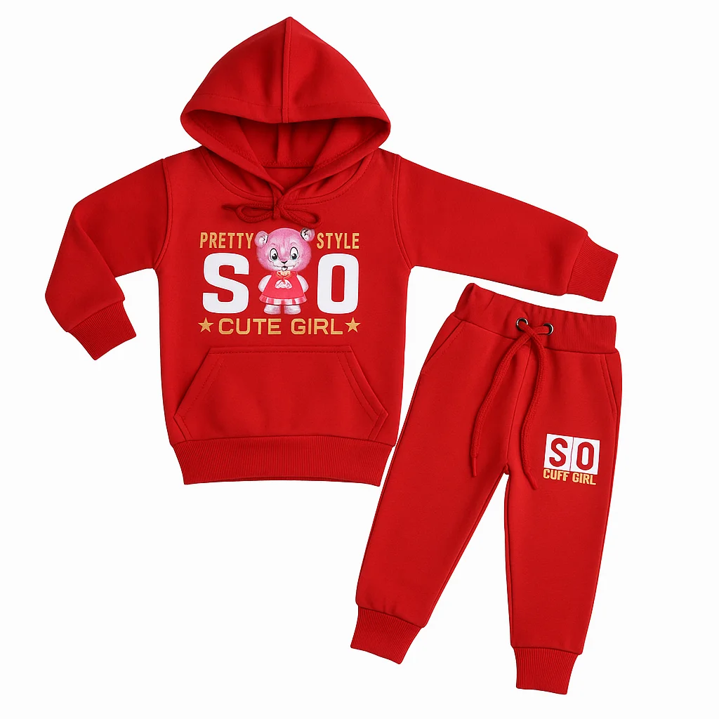 Cute Girl Pretty Style Tracksuit for Baby Girls -Red | 1-4 Year | 1 Cute Girl Red Hoodie & Trousers Set Tracksuit
