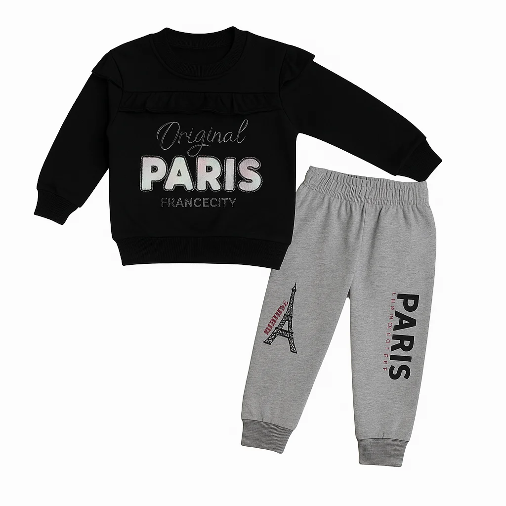 Paris Theme Kids Sweatshirt and Trouser Set – Black Clothing for Girls 1 Original Paris Black Sweatshirt and trouser Set