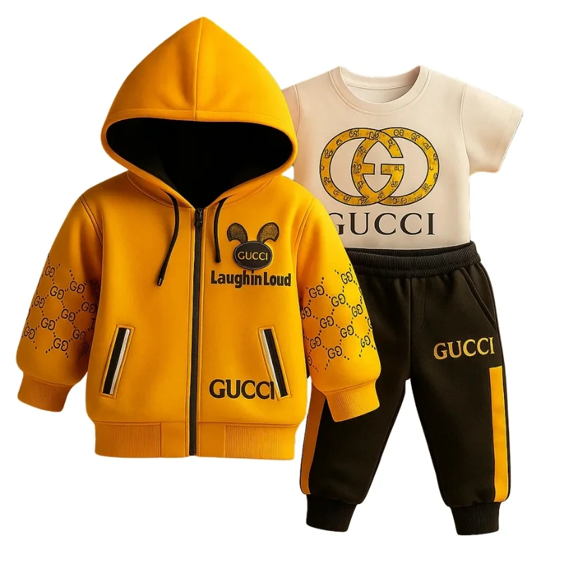 Gucci Outfit Boys Set - Hoodie, T-Shirt & Trouser| Yellow| 1-4 Years 1 Yellow Gucci Hoodie, T-Shirt & Trouser