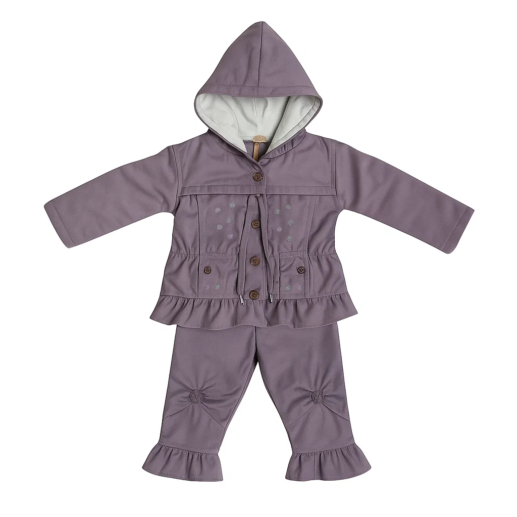 Buttoned Jacket-Style Top with a hood & Trouser Frock Set for Baby Girls 1 buttoned purple jacket-style top with a hood and trouser