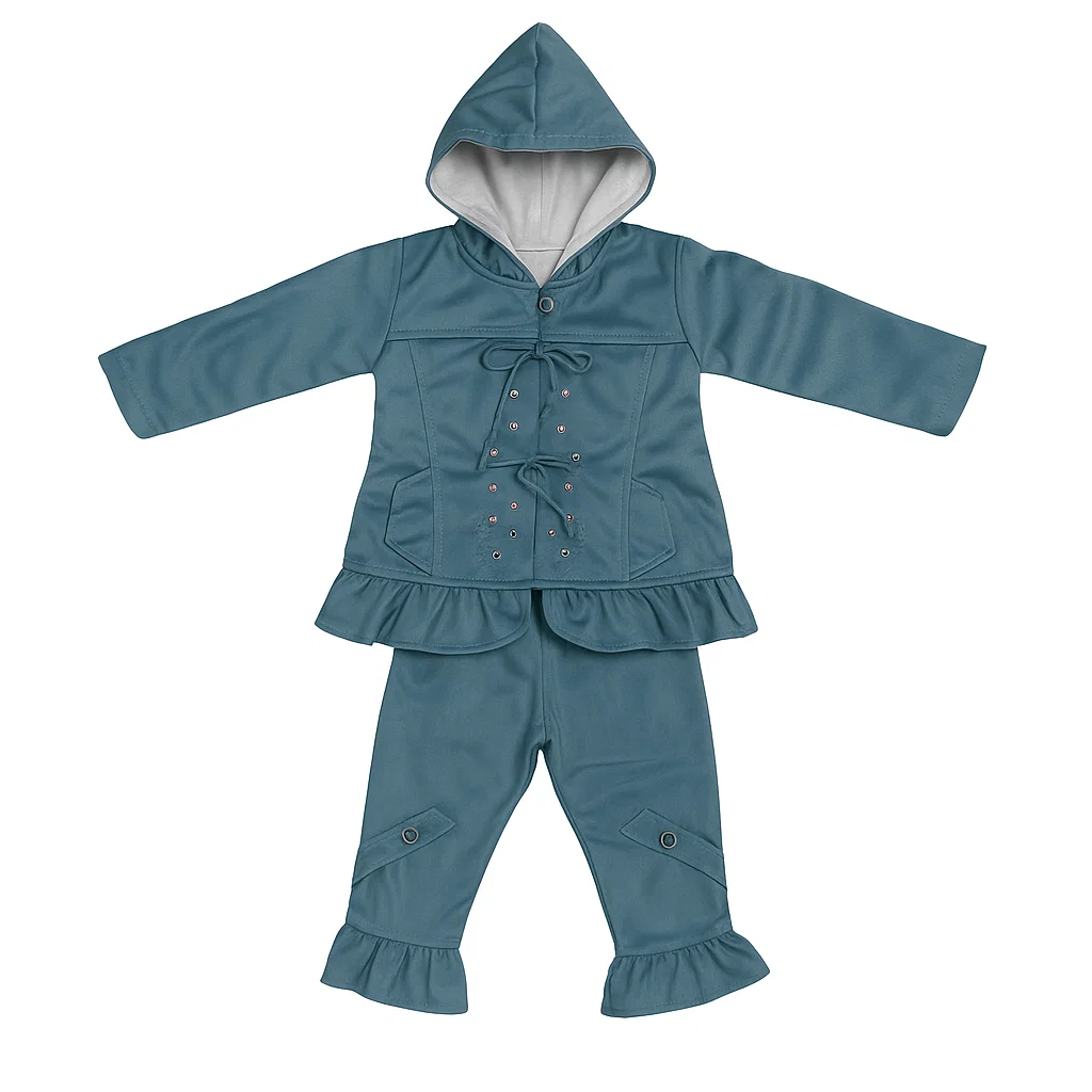 Buttoned Jacket-Style Top with a hood & Trouser Frock Set for Baby Girls 1 buttoned Blue jacket-style top with a hood and trouser