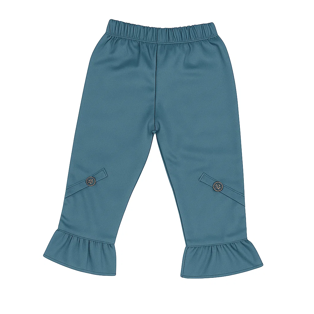 buttoned blue jacket-style top with a trouser