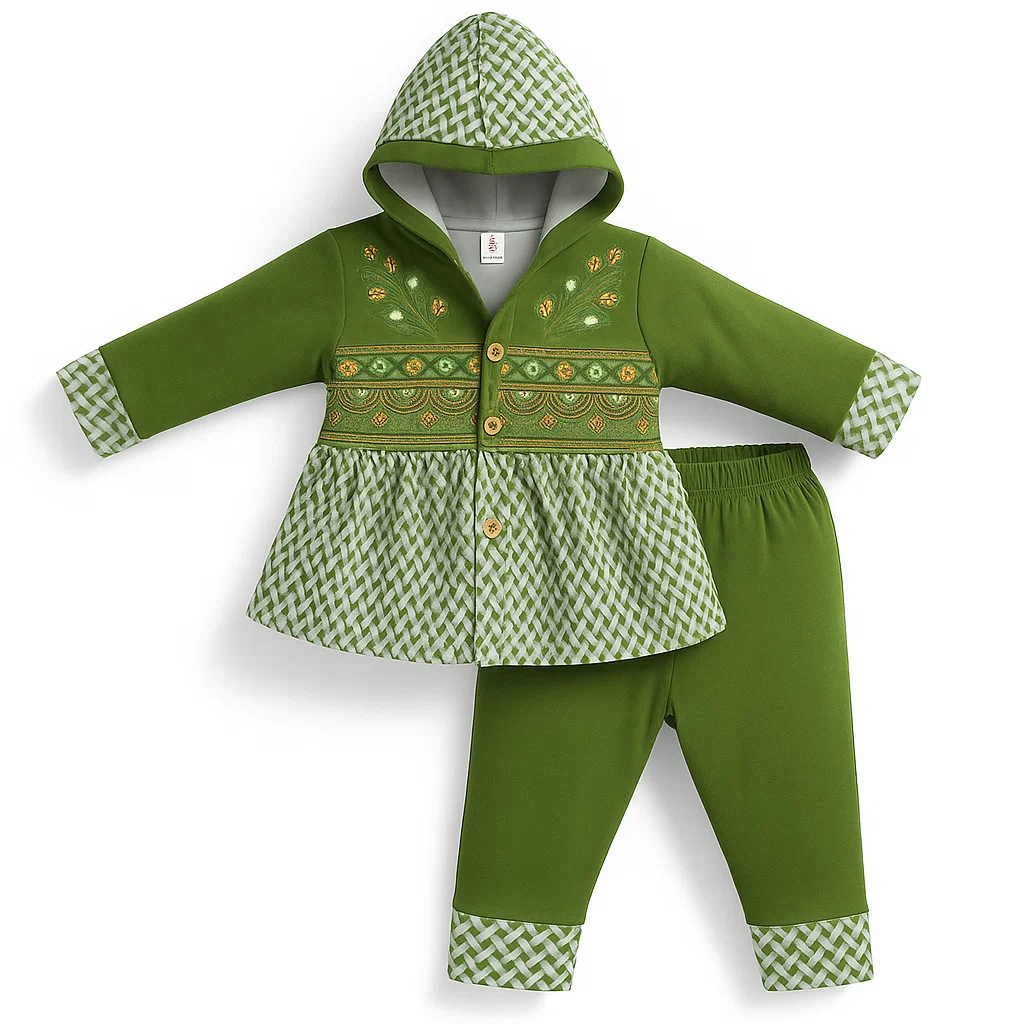 Hoodie & Trouser for Baby Girls| Green| 1-4 Years 1 Green Frock Hoodie & Trouser Set