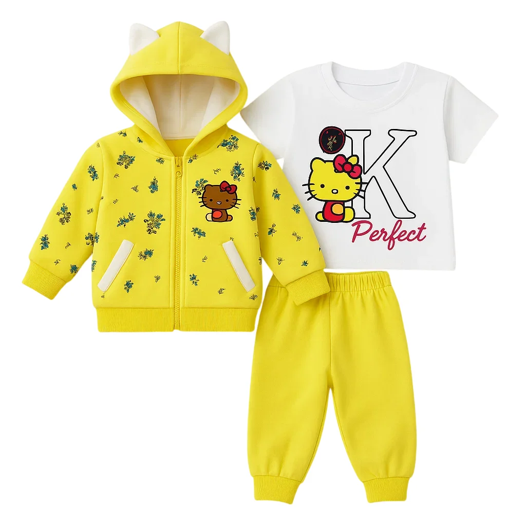 K Perfect Outfit – Hoodie, T-Shirt & Trouser for Baby Girls | Light Yellow | 1-4 Years 1 k Perfect Yellow Hoodie, T-Shirt & Trousers