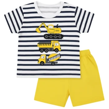 Toddler Boys Summer Outfit Set - Construction Vehicle Print T-Shirt & Yellow Shorts | Soft Cotton Baby Clothes for 1-5 Years