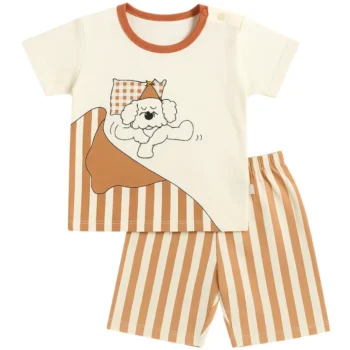 Unisex Baby Summer Outfit – Cartoon Dog Print T-Shirt & Striped Cotton Shorts Set