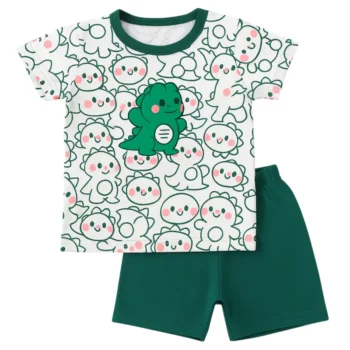 Cute Dinosaur Print Baby Summer Set – Green Shorts & Cartoon Tee for Toddlers
