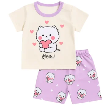 Cute Meow Cat Print Baby Girl Outfit – Short Sleeve Top and Shorts Pajama Set