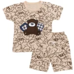 Cute Bear Printed Baby Summer Outfit – Soft Cotton T-Shirt & Shorts Set for Boys & Girls (Beige)