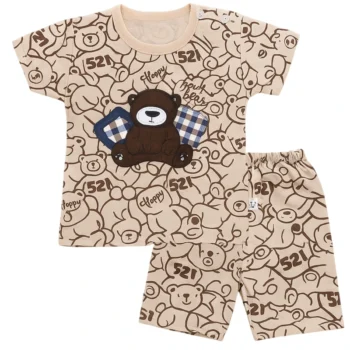 Cute Bear Printed Baby Summer Outfit – Soft Cotton T-Shirt & Shorts Set for Boys & Girls (Beige)
