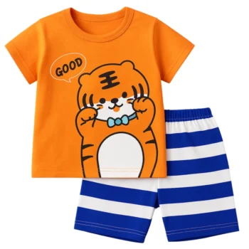 Adorable Baby Tiger Print Summer Outfit – Orange T-Shirt & Blue Striped Shorts Set