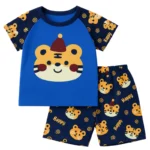 Playful Tiger Print Baby Summer Outfit – Blue Top and Printed Shorts Set