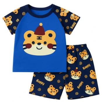 Playful Tiger Print Baby Summer Outfit – Blue Top and Printed Shorts Set