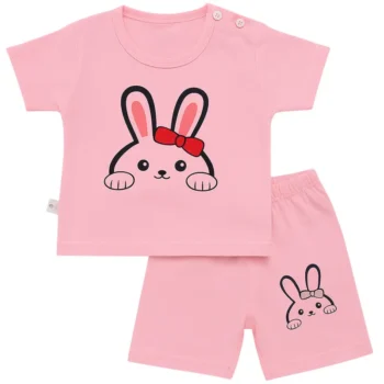 Adorable Pink Bunny Print Baby Girl Summer Outfit – T-Shirt and Shorts Set