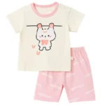 Adorable Baby Girl Summer Set – Hanging Cat Print T-Shirt & Pink “Optimism” Cotton Shorts