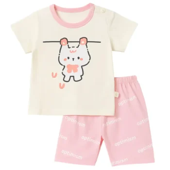 Adorable Baby Girl Summer Set – Hanging Cat Print T-Shirt & Pink “Optimism” Cotton Shorts