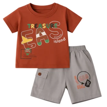 Baby Boy “Treasure Island Adventure” Summer Outfit – Rust T-Shirt & Gray Shorts Set