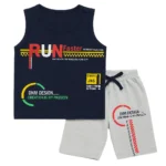 Toddler boys summer tank top and shorts set, navy and grey with 'RUN Faster' and 'Creation is My Passion' graphic prints – for ages 1–4 years.