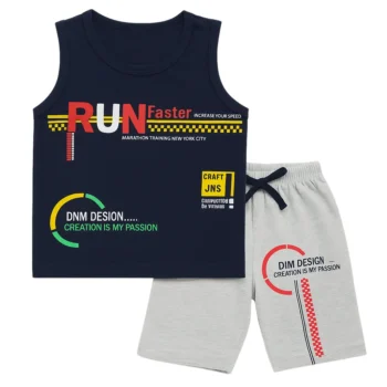 Toddler boys summer tank top and shorts set, navy and grey with 'RUN Faster' and 'Creation is My Passion' graphic prints – for ages 1–4 years.