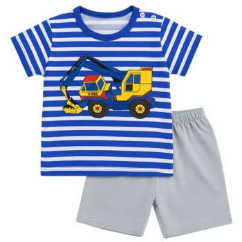 Toddler Boys' Striped Excavator T-Shirt & Shorts Set – Blue & Grey