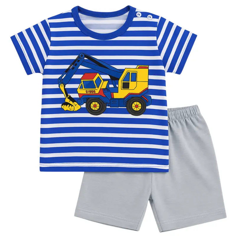 Toddler Boys' Striped Excavator T-Shirt & Shorts Set – Blue & Grey 1 20250608 1112 T Shirt and Shorts remix 01jx763evsfts9y8fqp9dx4215 Photoroom Baby Brisk