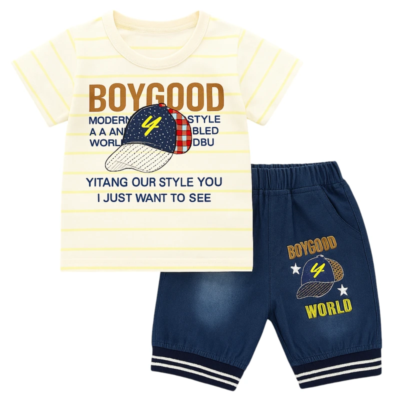 Boy Good Kids T-Shirt & Shorts Set – Brown, White & Blue | Ages 1–4 Years 1 Boygood T-Shirt and Shorts White, Brown and Blue