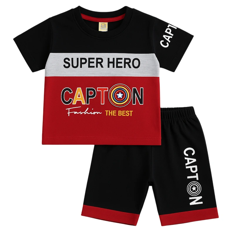 Super Hero Capton Kids T-Shirt & Shorts Set – Red & Black | Ages 1–4 Years 1 Capton T-Shirt and Shorts Red and Black