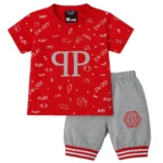Kids red and grey summer clothing set for ages 1–4 years featuring a printed T-shirt with playful graphics and matching elastic waist shorts with striped cuffs.