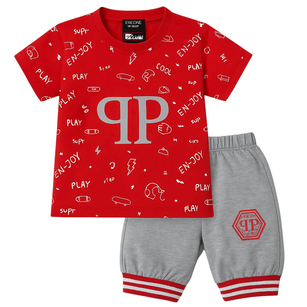 Kids Summer T-Shirt & Shorts Set (1โ4 Years) โ Red & Grey "EN-JOY PLAY" Print 1 Kids red and grey summer clothing set for ages 1โ4 years featuring a printed T-shirt with playful graphics and matching elastic waist shorts with striped cuffs.