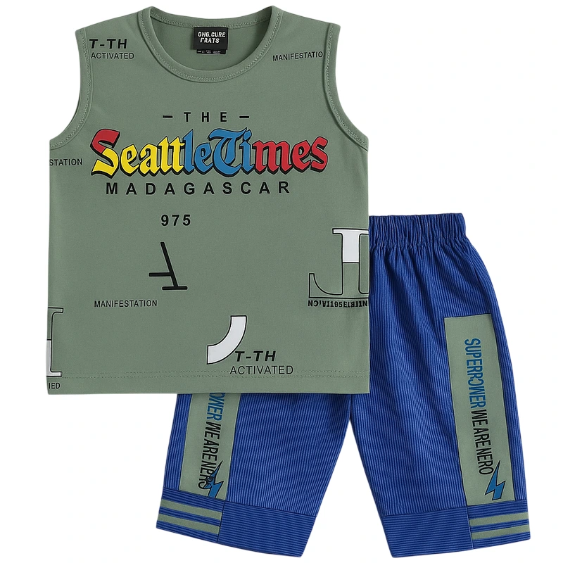 Madagascar Sleeveless T-Shirt & Shorts Set – Olive Gray & Blue | Ages 1–4 Years 1 Madagascar Sleeveless T-Shirt and Shorts Olive Gray and Blue