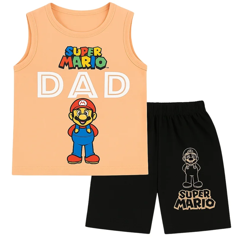 Super Mario Sleeveless Kids T-Shirt & Shorts Set – Peachy Orange | Ages 1–4 Years 1 Peachy Orange Super Mario Sleeveless T-Shirt and Shorts