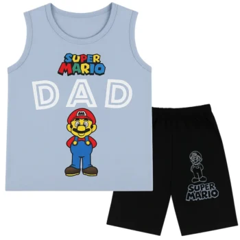 Super Mario Sleeveless T-Shirt & Shorts Set – Soft Blue | Ages 1–4 Years