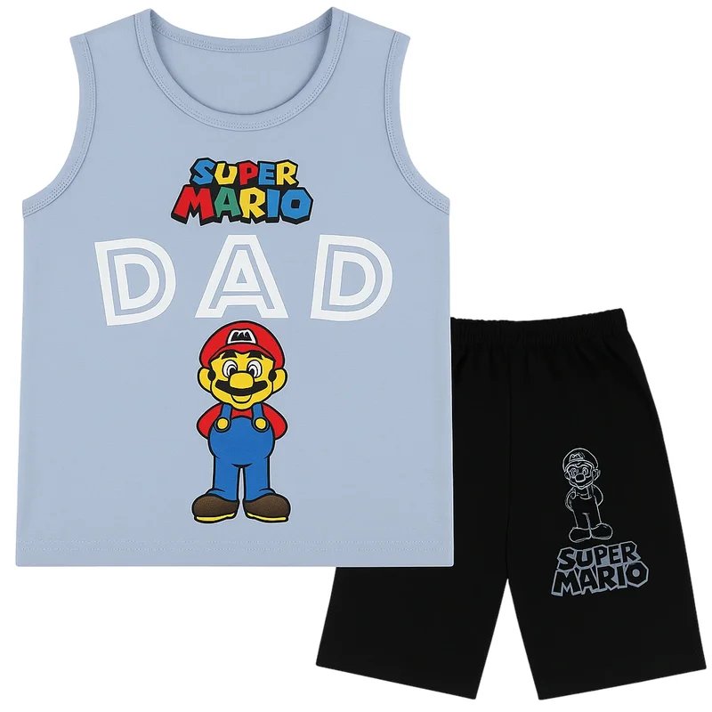 Super Mario Sleeveless T-Shirt & Shorts Set – Soft Blue | Ages 1–4 Years 1 Super Mario Sleeveless T-Shirt & Shorts Set – Soft Blue | Ages 1–4 Years