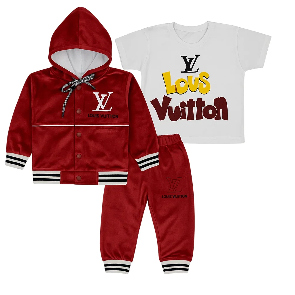 Lv Outfit Boys Set - Hoodie, T-Shirt & Trouser | Red | 1-4 Years 1 Lv Red Hoodie, T-Shirt & Trouser