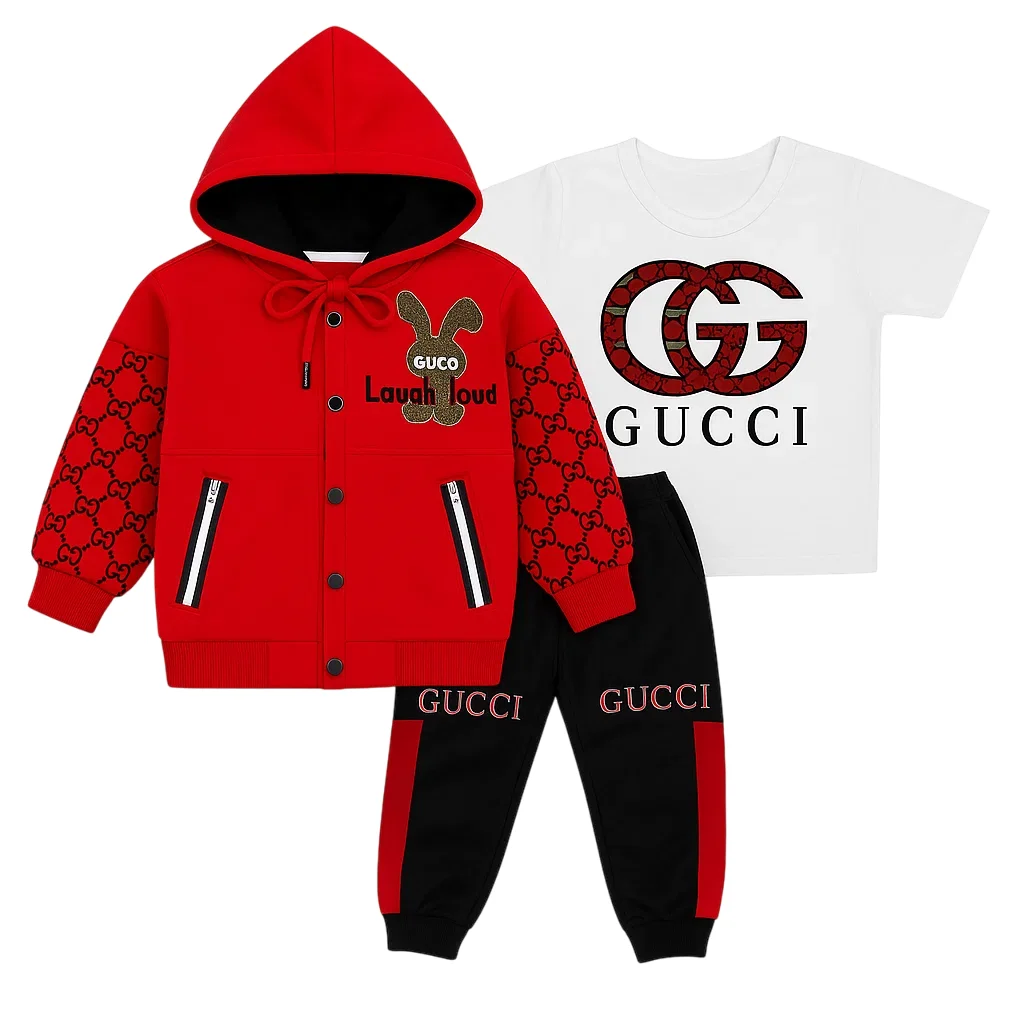 Gucci Outfit Boys Set - Hoodie, T-Shirt & Trouser| Red | 1-4 Years 1 Gucci Red Hoodie, T-Shirt & Trouser