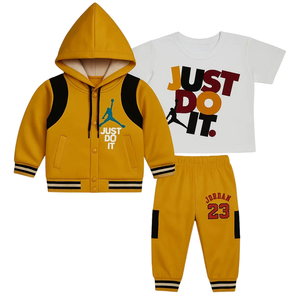 Just Do It Outfit Set – Hoodie, T-Shirt & Trouser | Yellow | 1-4 Years 1 Jordan Just do It Yellow Hoodie, T-Shirt & Trouser