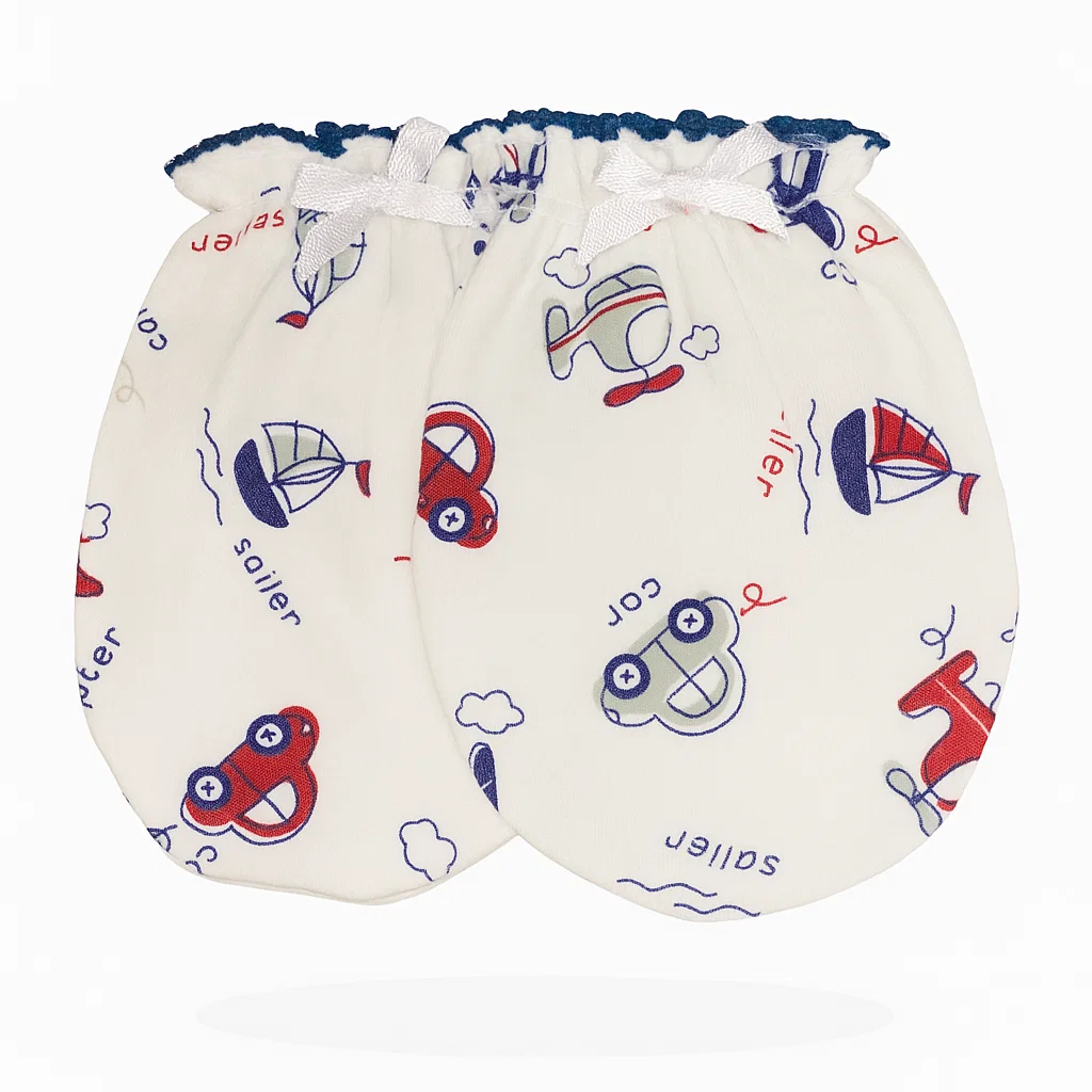 Newborn Cotton Mittens – Soft Baby Hand Gloves | Anti-Scratch Mittens 1 Soft newborn cotton mittens with colorful car, plane, and sailboat prints on a white background – anti-scratch baby hand gloves for boys and girls