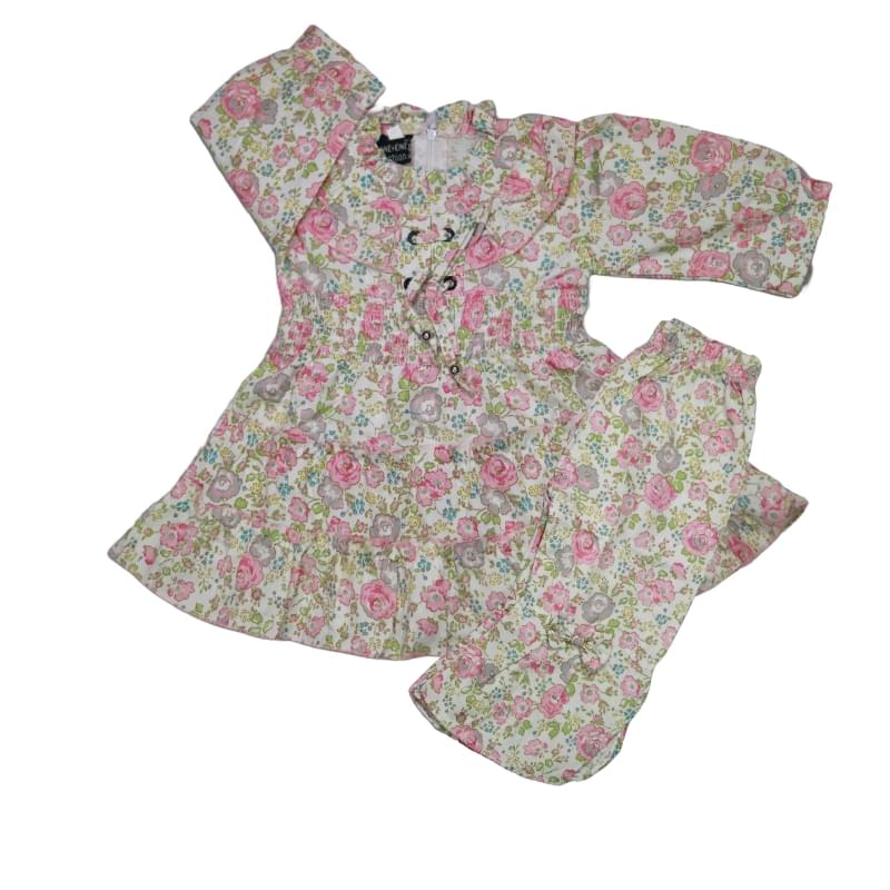 Floral Printed Long Sleeves Baby Frocks Dress with Trouser. 1 baby Girl Frock