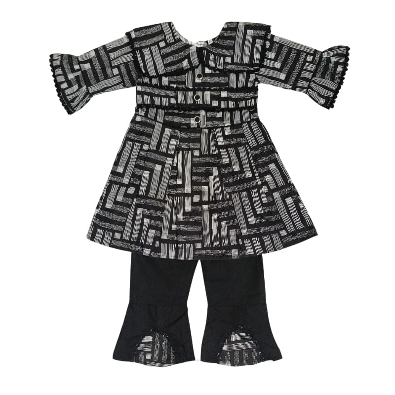 Long Sleeve Baby Dress with Trouser Set in Colorful Black Patterns 1 Long Sleeve Baby Dress with Trouser